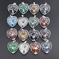 new design natural stone alloy tree of life heart pendants fashion agate platinum charms diy jewelry accessories wholesale 1pc