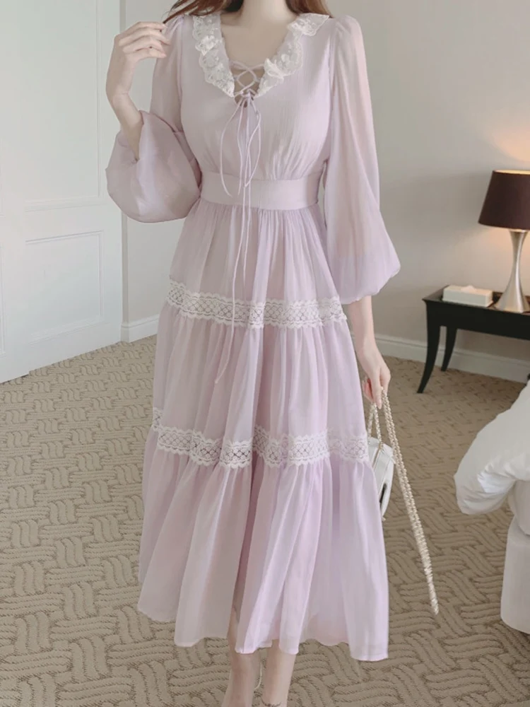 

Элегантное французское кружевное платье PEIRESA в стиле пэчворк, женские платья миди трапециевидного силуэта со шнуровкой, V-образным вырезом, рукавами-фонариками и тонкой талией