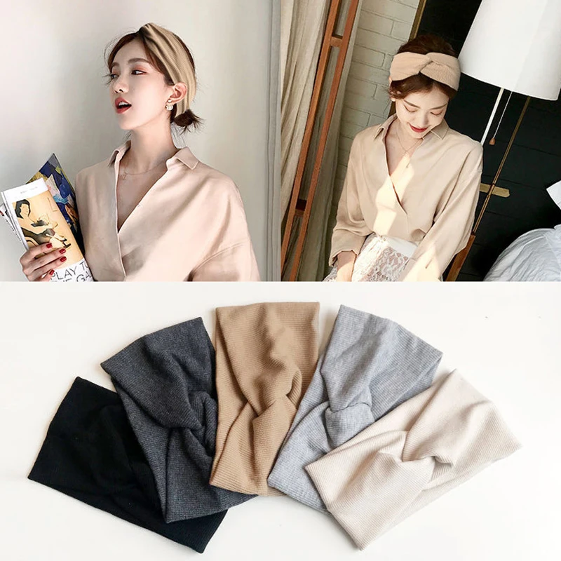 

Knitting Cotton Headbands Vintage Cross Wide Turban Women Hair Accessories Bandanas Solid Color Threaded Elastic Hair Bands Soft