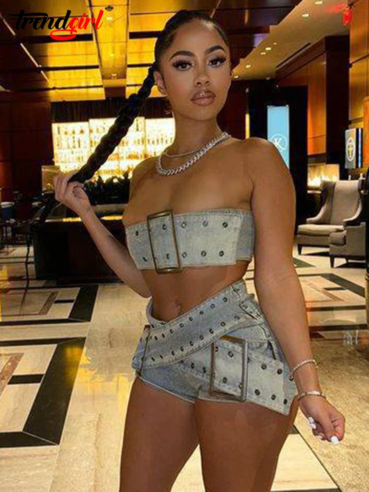 Mlaiscsr Шикарный дизайн с поясом топы и шорты на груди эластичные джинсовые