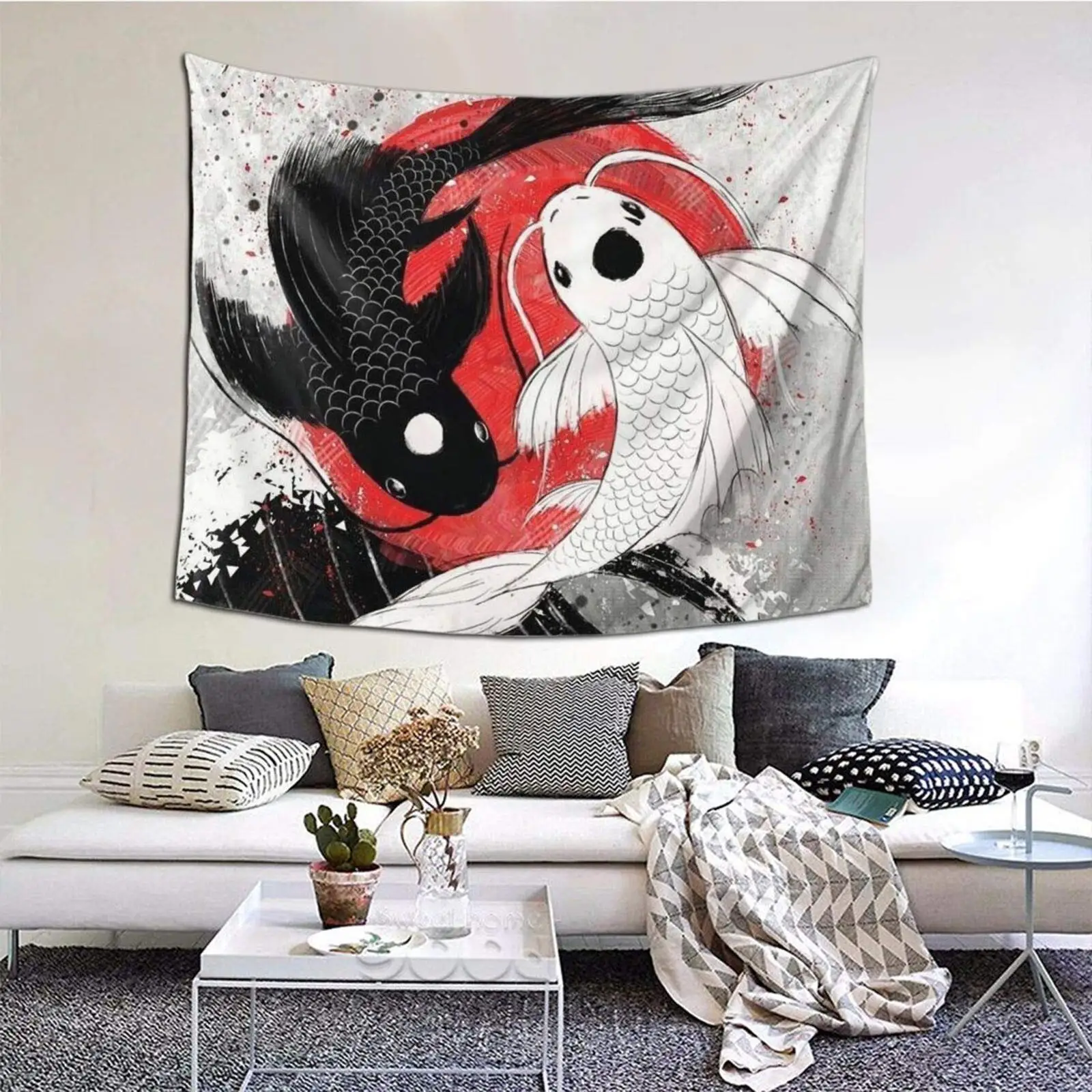 

Koi Fish Yin Yang Japanese Style Tapestry Bedroom Tapestries Living Room Wall Hanging Blanket Printing Home Decor 60 X 51 in