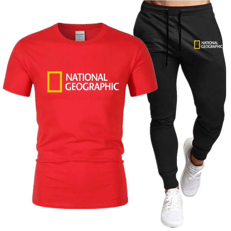 Summer Men's Tracksuit Suit National Map T-Shirt + Trousers 2-Piece Sets Fitness Jogging Sports Pants Sportswear Suit