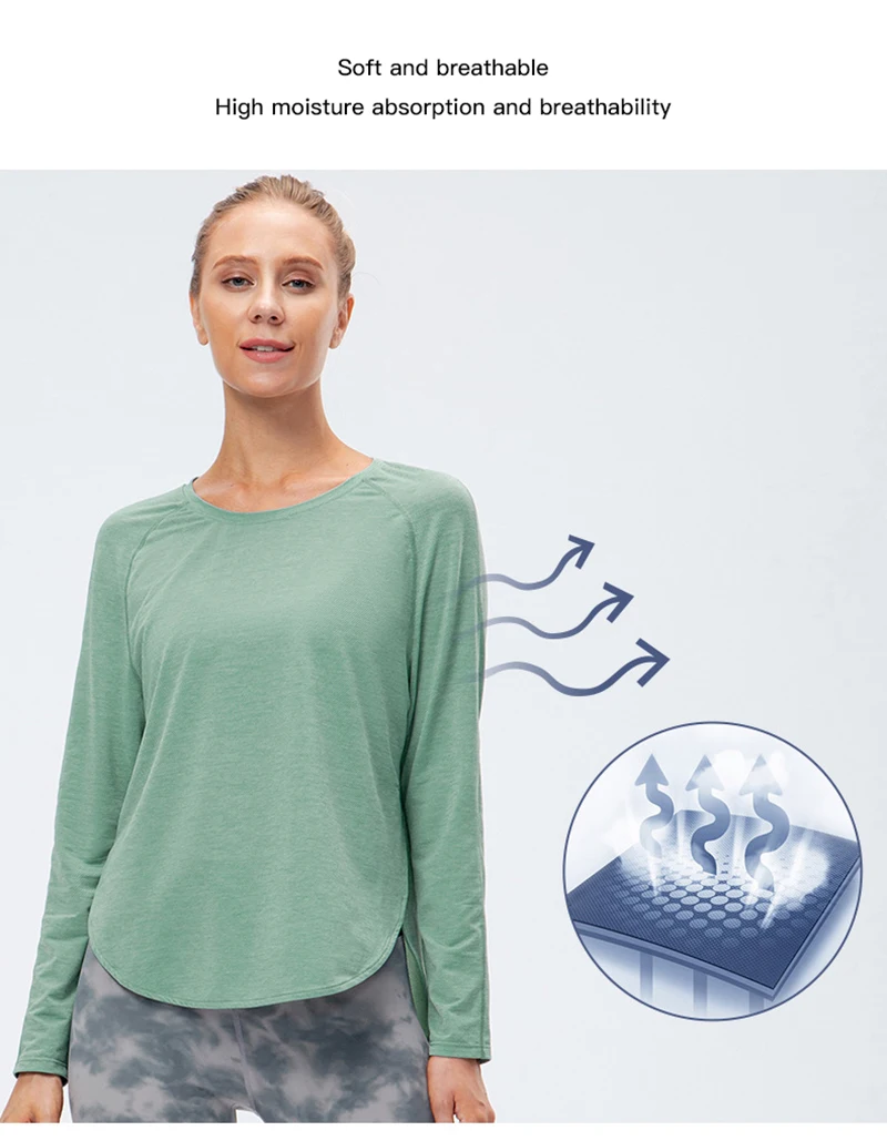 Women's Long Sleeve Workout Shirts Scoop Neck Sports Yoga Running Dry Fit Tops Basic Loose Fit Side Split Activewear