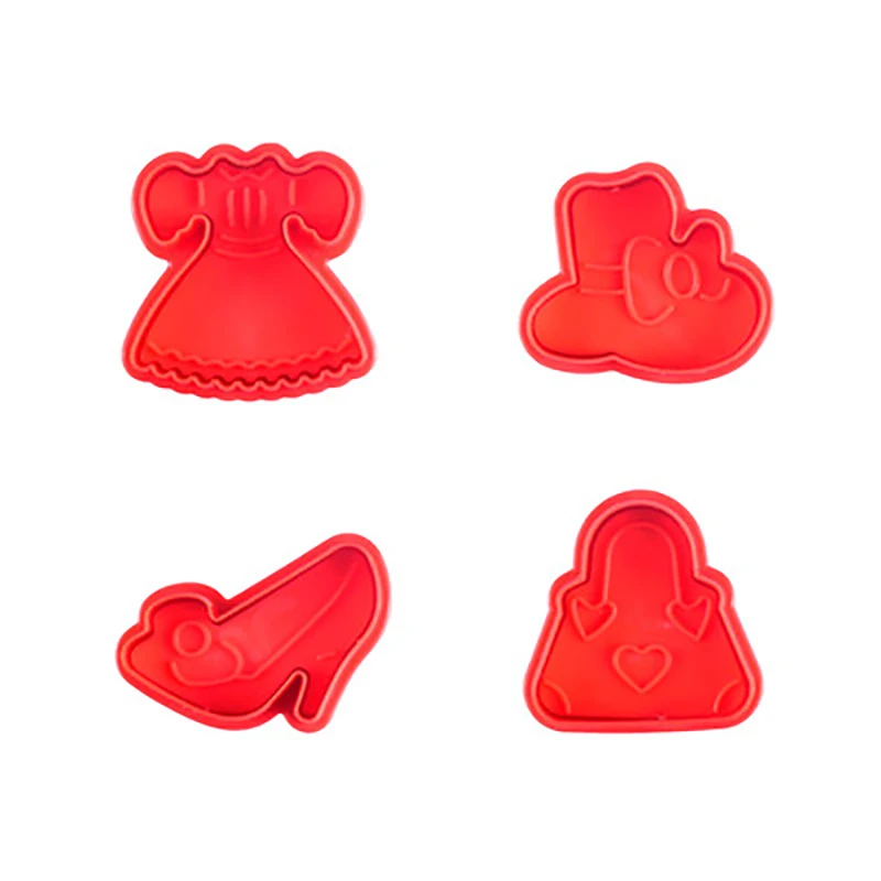 

4Pcs Fashion Girl High-heeled Shoes Hat Skirt Package Fudge Cutter Cake Cookie Candy Fondant Mould Kitchen Biscuits Baking Tools