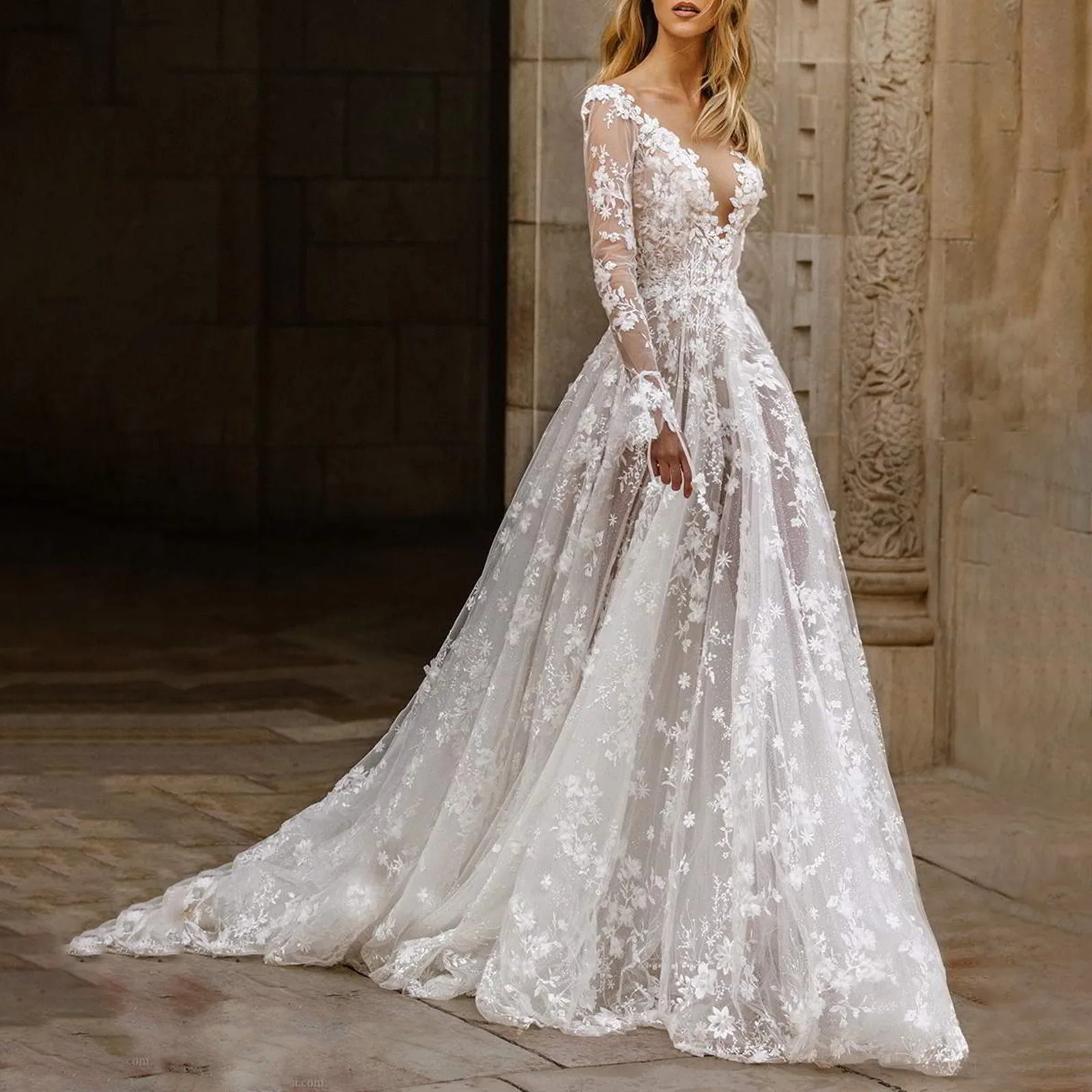 

Deep V-neck Evening Dress Drawstring Cuff Long Sleeves Dresses Gauze Transparent Lace Embroidery Floor Length Wedding Dresses