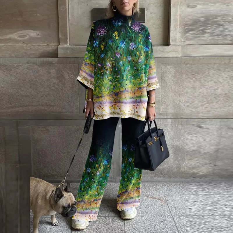 

Lady High Stand Collar Pullover Tops + Long Pants Tracksuit Autumn Winter Women Outfits 2022 Print Long Sleeve Two Piece Suits