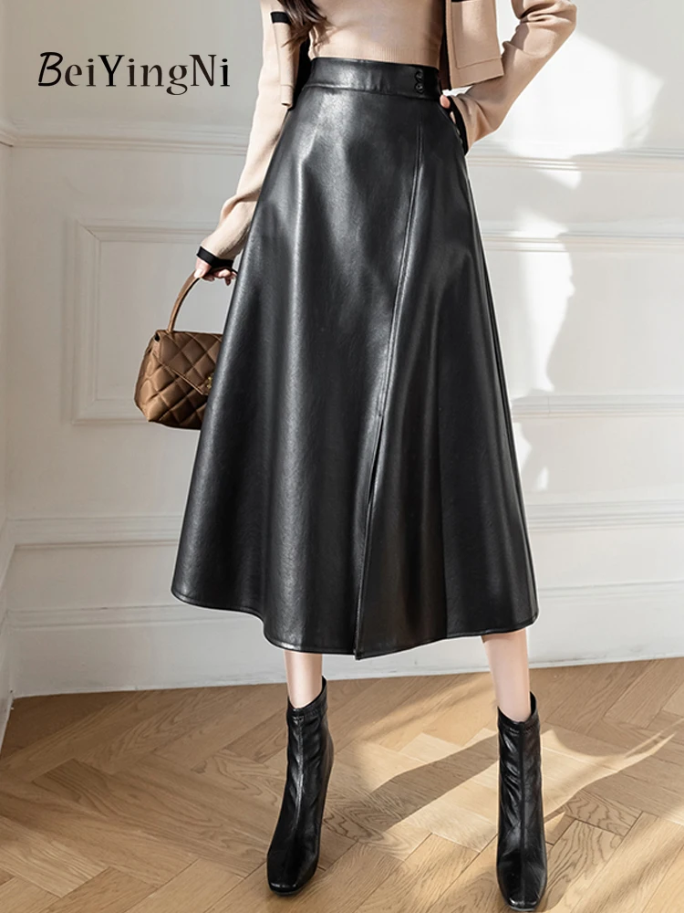 

Beiyingni Woman's PU Leather Skirt Buttons Elastic Waist Patchwork Casual Black A-line Skirts Female Solid Color Fashion Korean