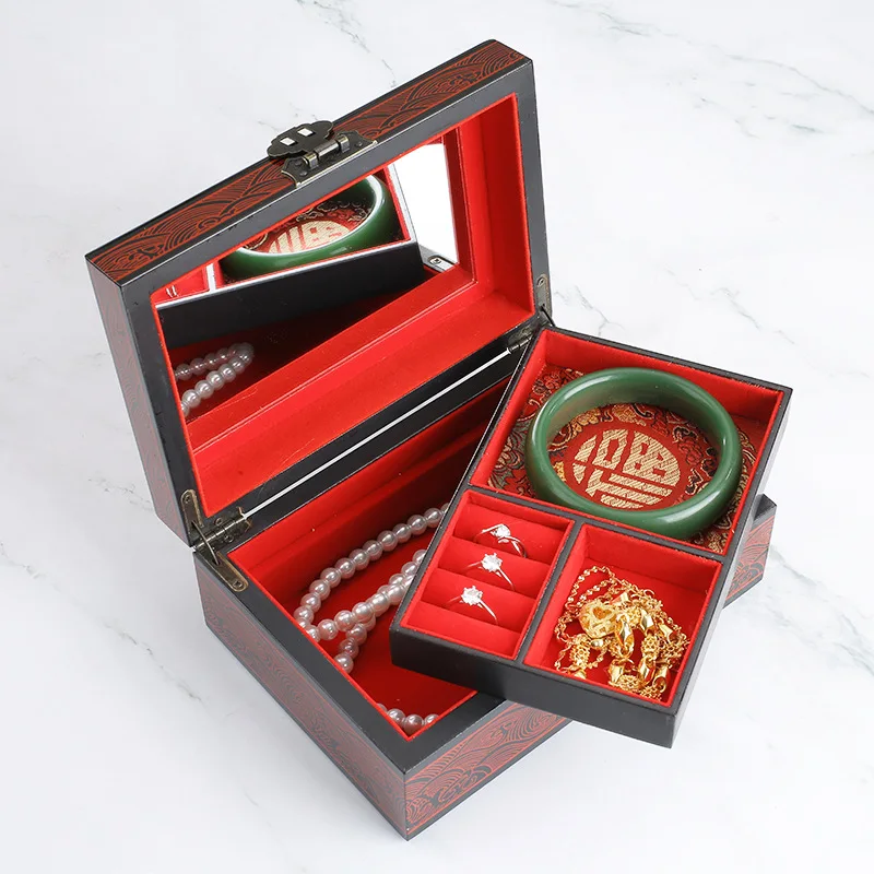 Chinese Wooden Jewelry Box Antique Pattern Push Light Lacquer Makeup Box Vintage Jewelry Display Storage Case Wedding Gifts