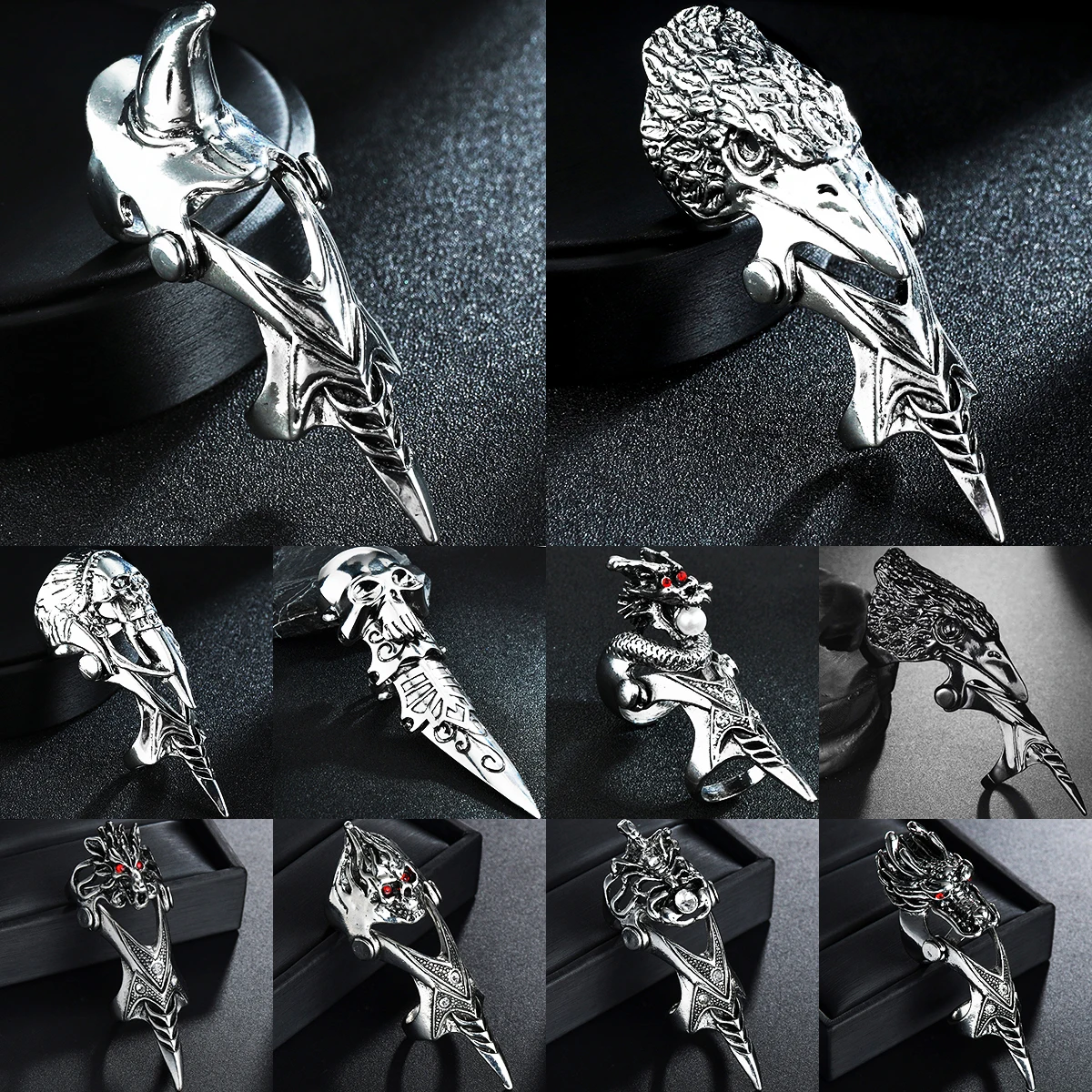 

Silvery Black Punk Joint Rings Vintage Cool Dragon/Skull/Eagle Gothic Scroll Armor Knuckle Metal Full Finger Rings High Quality