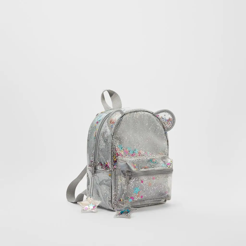 Cute Silver Cat Ears Mini Backpack Kindergarten Primary School Boy and Girls Kids Glitter Sequin Stars Ornament Backpack
