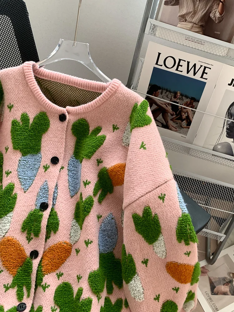 Свободная верхняя одежда в ленивом стиле жаккардовый свитер с морковью кардиган