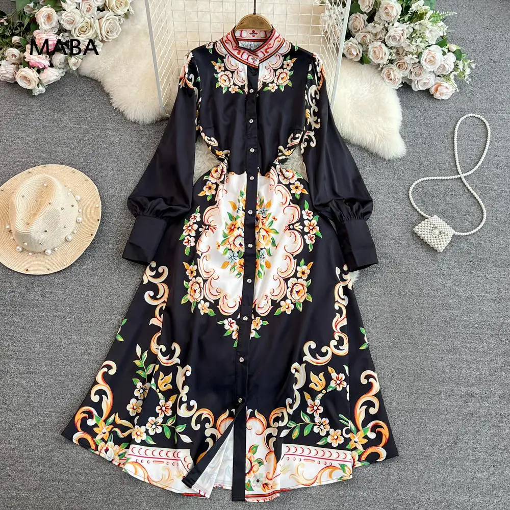 

Женское длинное платье в этническом стиле, черное элегантное платье с воротником-стойкой, рукавами-фонариками и цветочным принтом в стиле ретро, весна-осень 2023