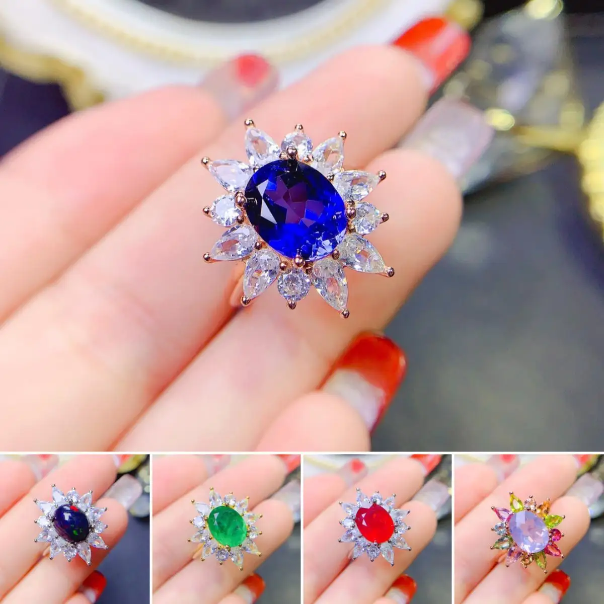 

FS Natural 8*10 Sapphire/Topaz/Opal/Emerald/Ruby Luxury Ring S925 Pure Silver Fine Charm Fashion Weddings Jewelry for Women