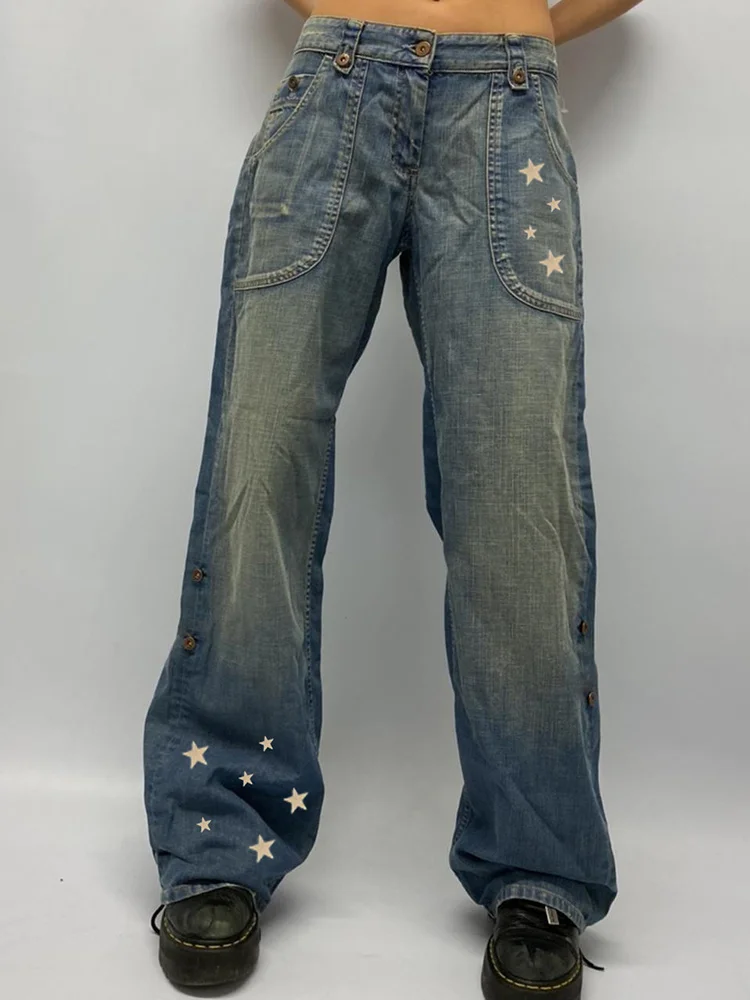 

Женские винтажные джинсы со звездами, мешковатые джинсы с низкой посадкой и принтом МОМ, y2k, гранж 1920-х годов, брюки-карго с широкими штанинами, уличная одежда, брюки для женщин