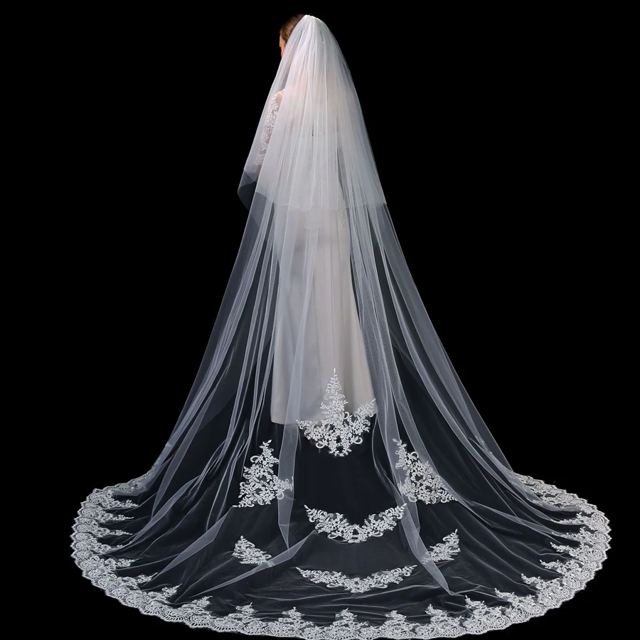 

New Arrival Long Bridal Veils Long Lace Applique Wedding Veil With Comb Bride Cathedral wedding veils voile de mariée