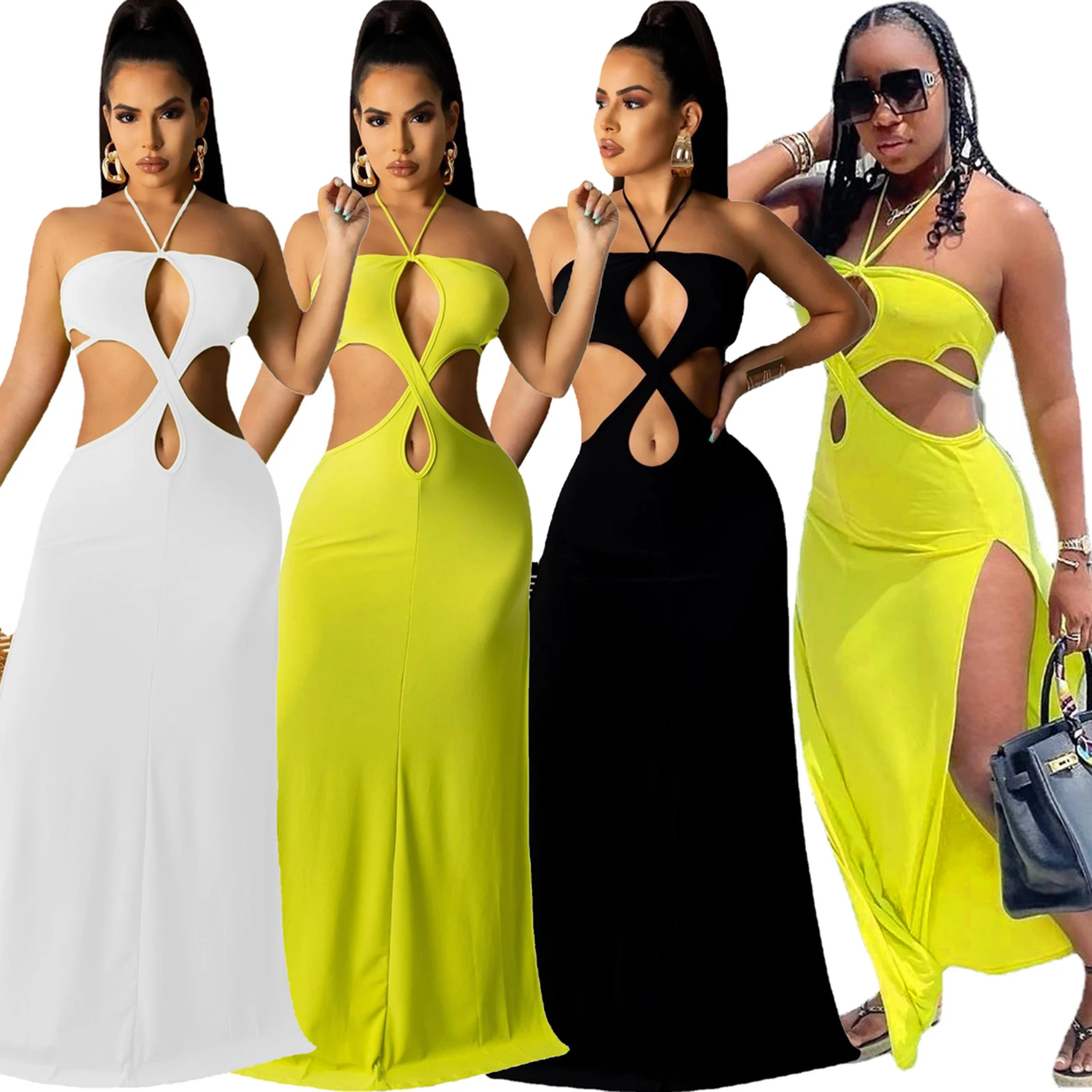 

Female Maxi Dress, Solid Color Halter Neck Sleeveless Hollow Out Piece for Women, Black/Yellow/White, S/M/L/XL/XXL