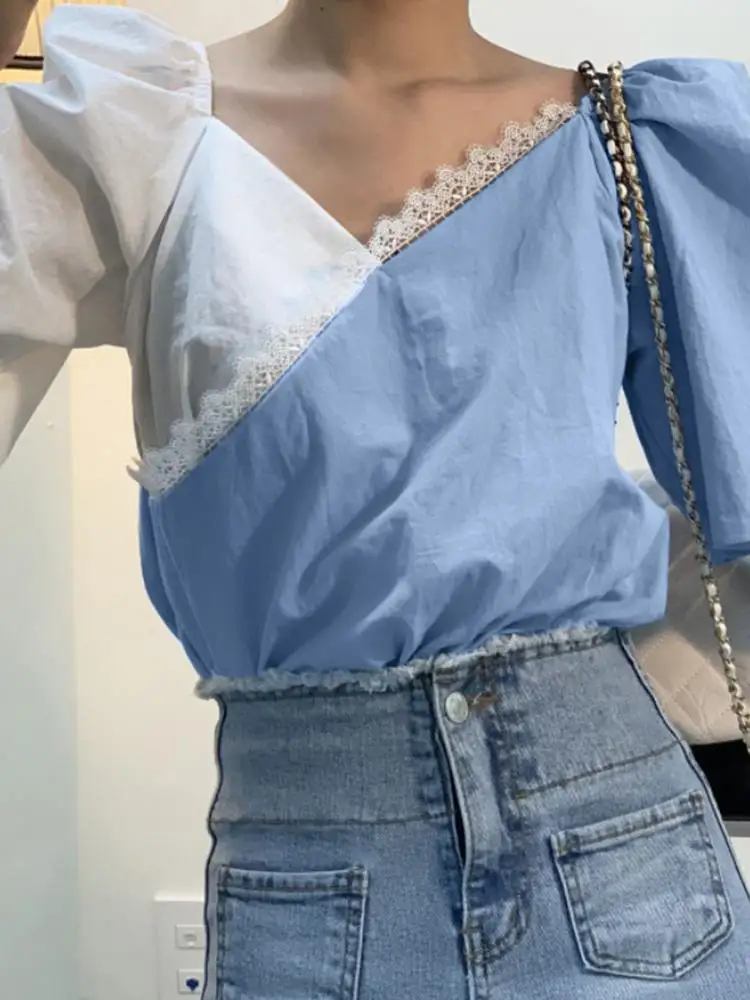 

Women Elegant V Neck Shirts Patchwork Blouse VONDA 2022 Casual Solid Color Pleated Tops Puff Sleeve Blusas Oversized Femininas