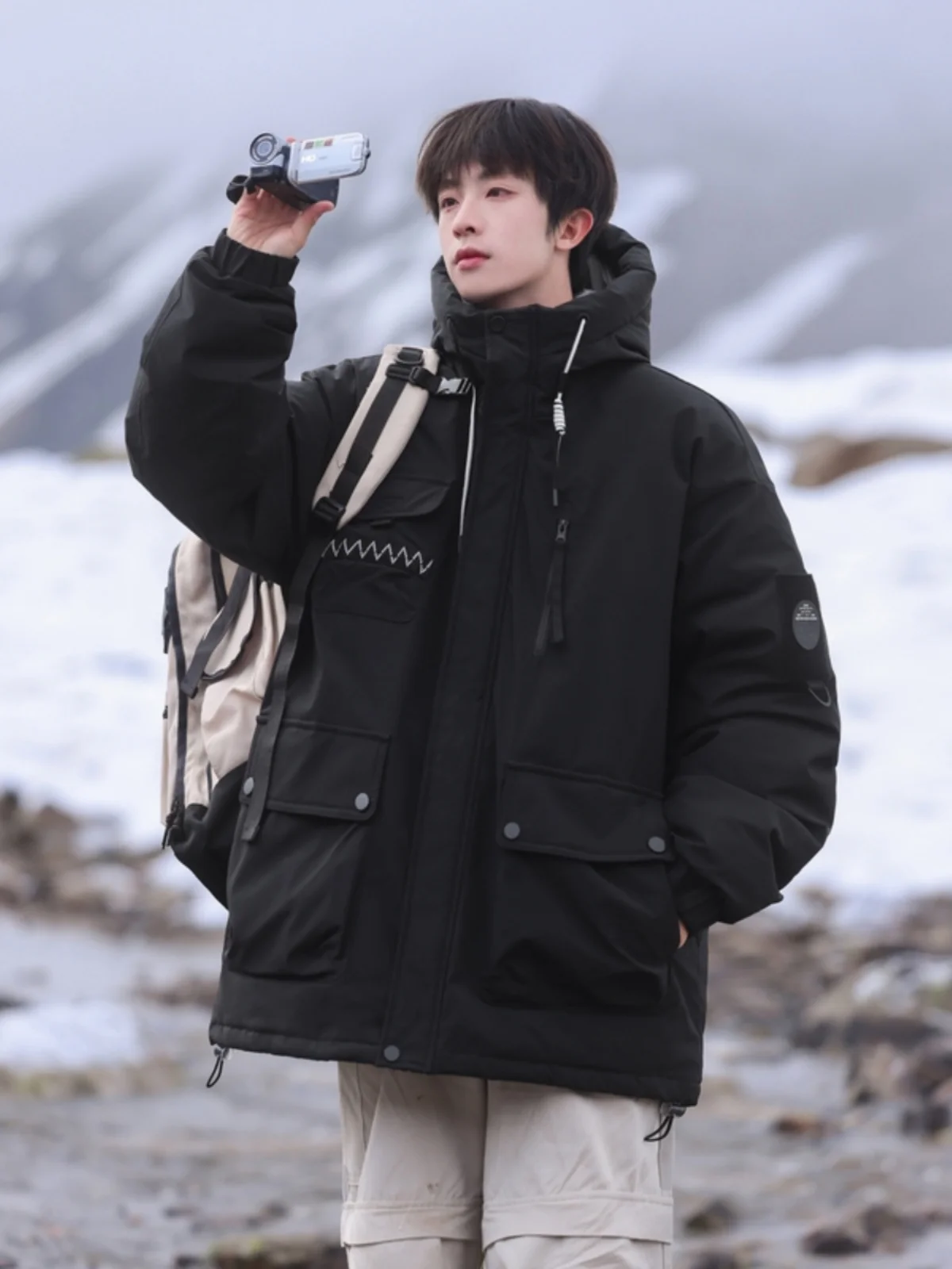 Men's Down jacket Winter 2024 New Thickened Warm Lightweight Youth Hood Cargo Cotton-Padded Jacket Clothes Outerwear