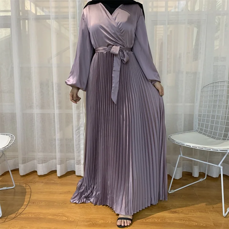 Solid V Neck Long Sleeve Muslim Women's Clothing Dresses New Fashion Stitching Pleated Long Skirts Universal For All Seasons