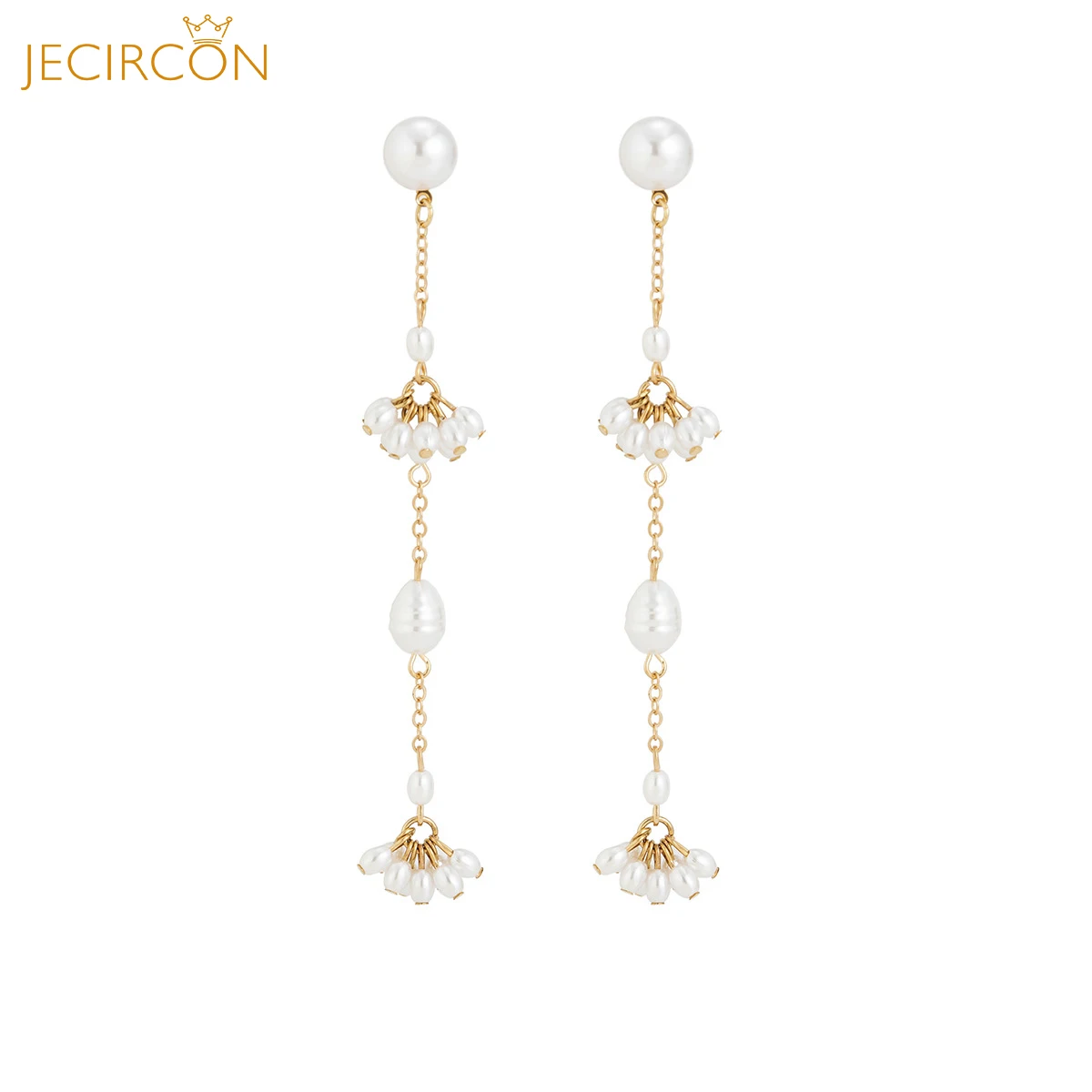 

JECIRCON Gold Chain Tassel Stud Earrings for Women Simple Rice Grain Imitation Pearl Aristocratic Temperament Popular Earrings