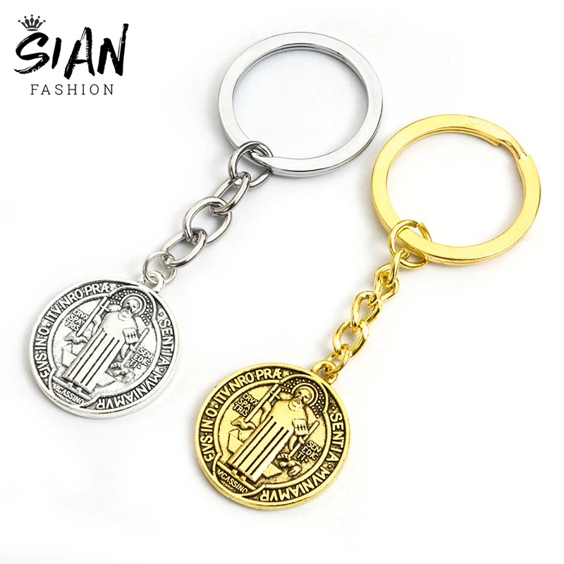 

Round Catholic San Benito Keychains Holder Saint Benedict Medallion Pendants Key Chains Keyrings Creative Jewelry Wholesale New