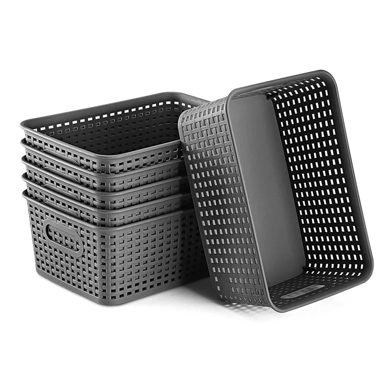 

HOT SALE Plastic Storage Baskets Set Of 6 Durable Small Pantry Organizer Bins Organization And Storage Shelves Baskets