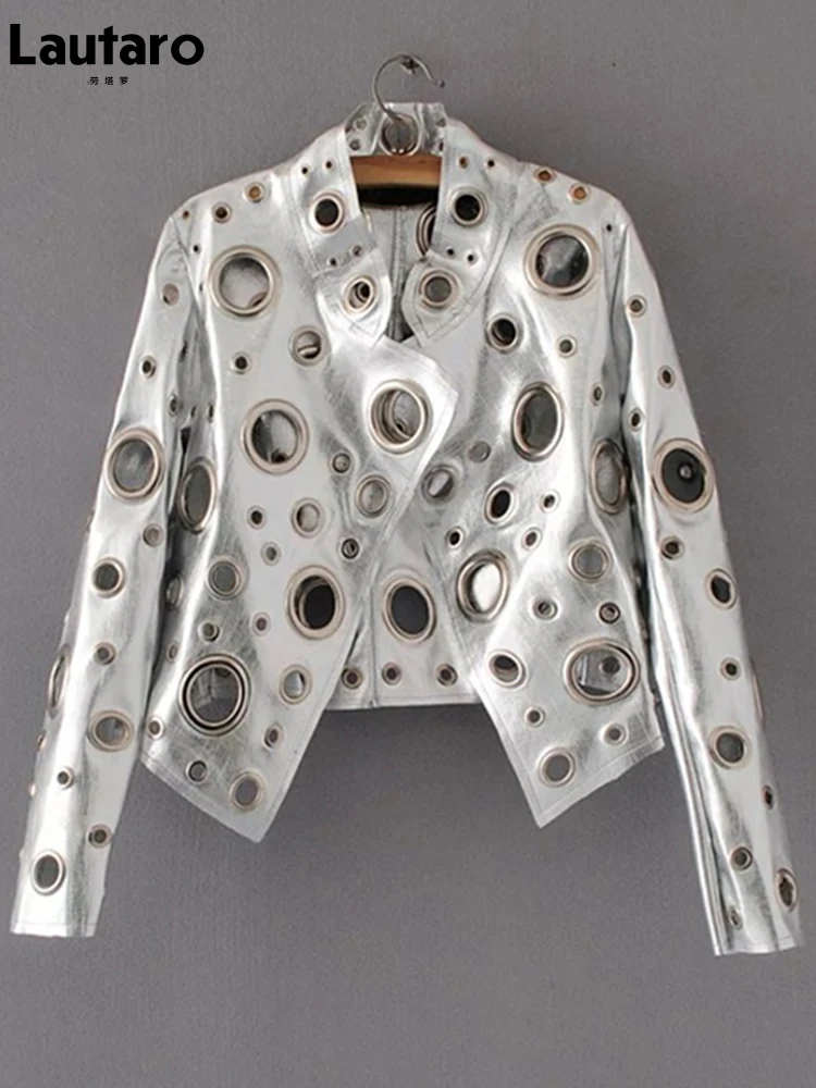

Lautaro Runway Cut Out Short Faux Leather Jacket Golden Rivet Cool Stylish Designer Clothes Women European American Fashion 2022