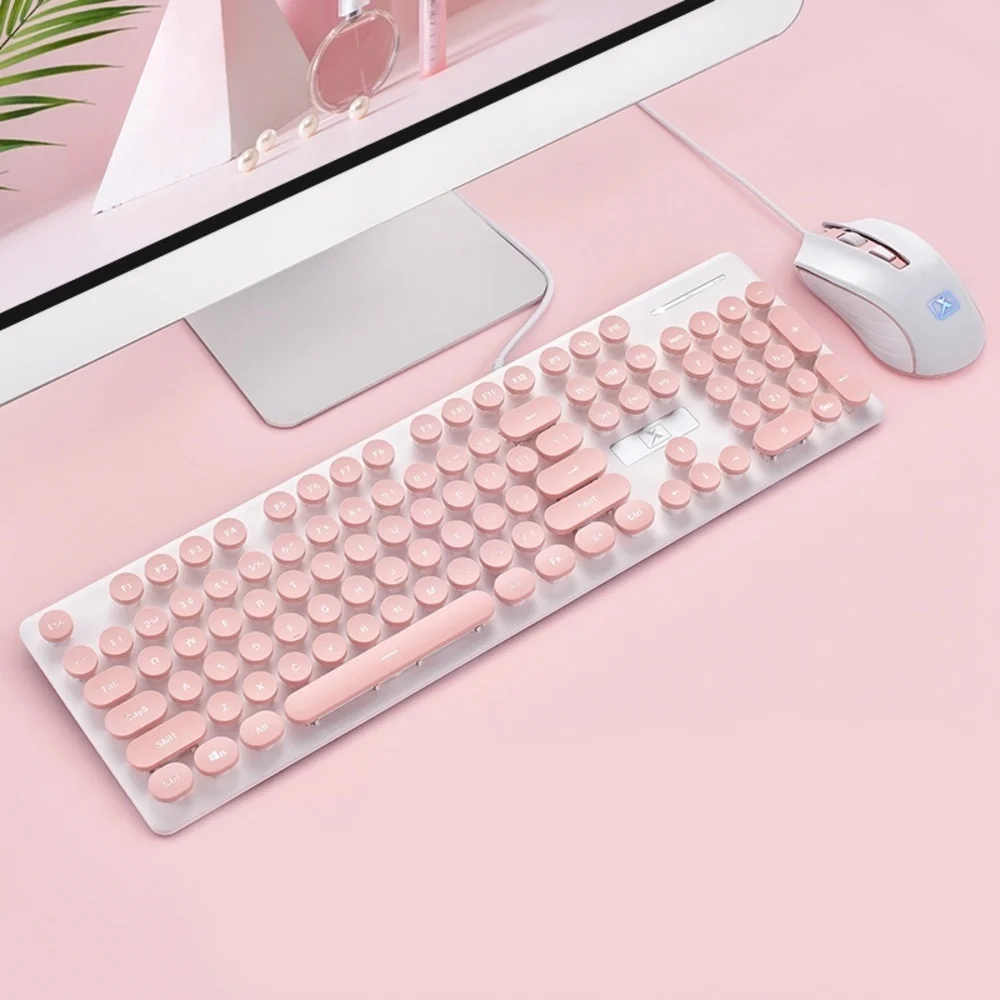 

Portable Retro Keyboard Mouse Kit Wired Gaming with Round Key Cap Multimedia Button Set,Pink