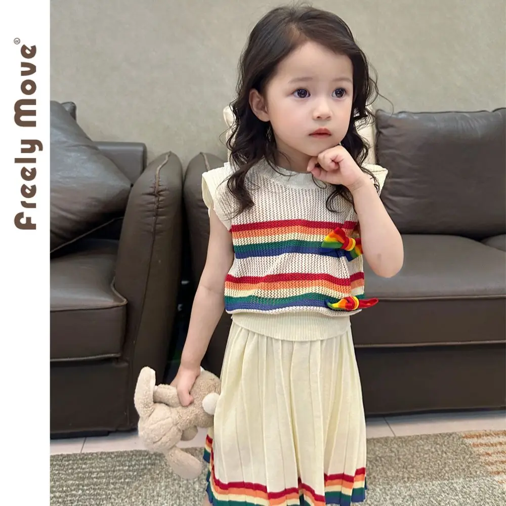 

Summer Children Clothes 2023 New Kids Suit Sleeveless Striped Knit Shirts Pleatedskirts 2 Pcs Suits for Girls Clothing