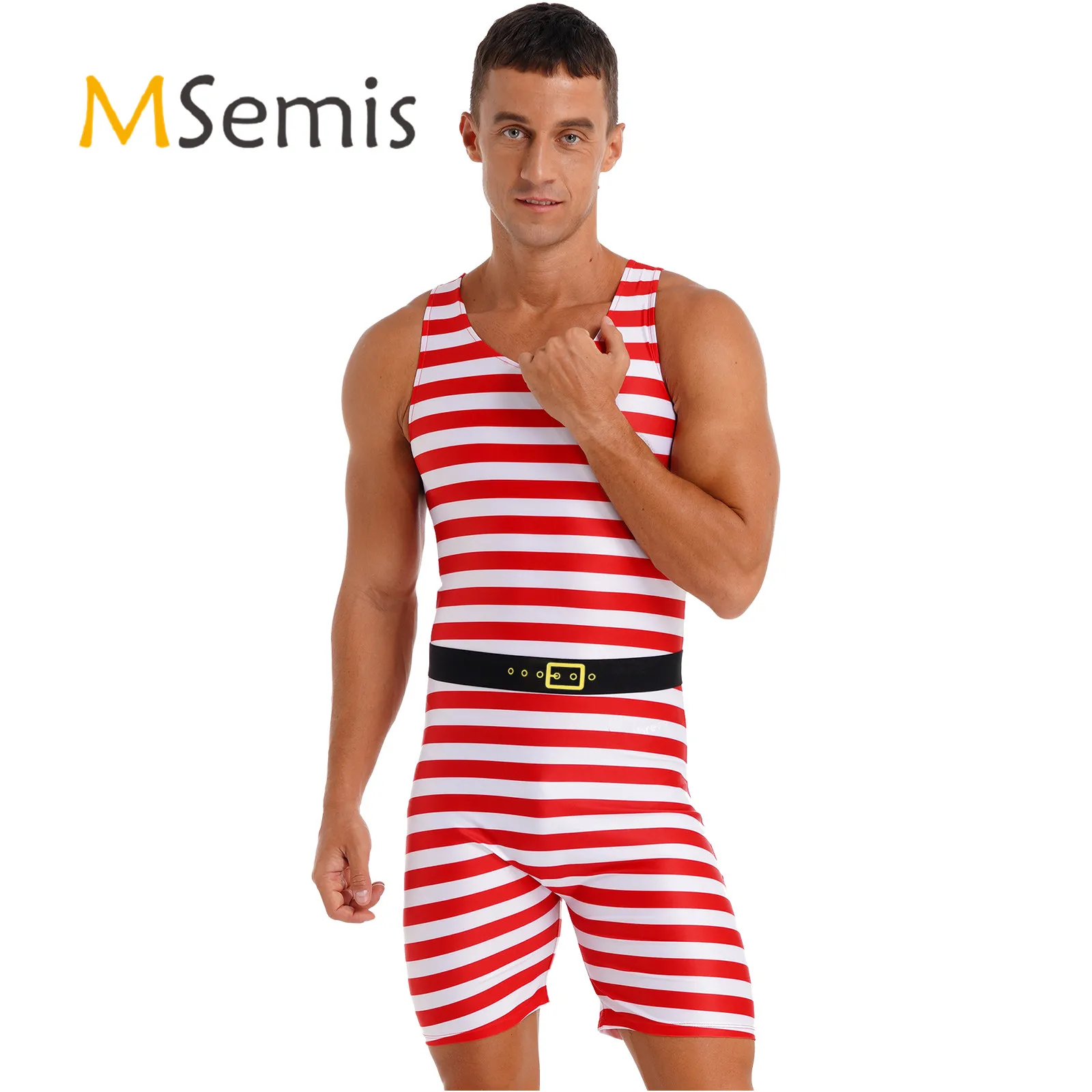 

Swimwear Mens Christmas Cosplay Costume Role Play Outfit Color Block Stripe Sleeveless Jumpsuit Bodysuit One-piece Swimsuit