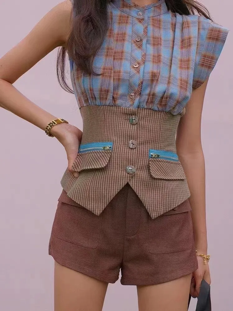 

2022 Ladies Fashion Shirts Plaid Print Corsets Women's Summer Tops Vests New Fashion High Quality T-Shirts y2k Clothes traf bra