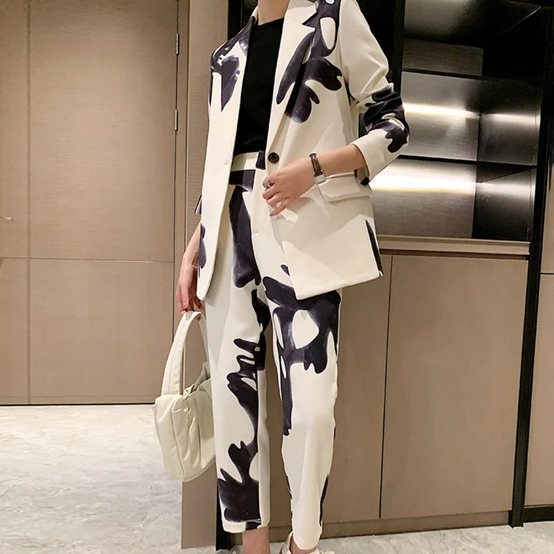 Floral Print Women's Suits Females Notched Long Sleeve Blazers High Waist Pants  Colorblock Casual Two Piece Set
