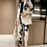 floral print womens suits females notched long sleeve blazers high waist pants colorblock casual two piece set