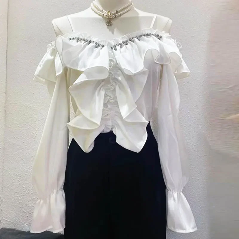 Элегантная французская винтажная майка с открытыми плечами для женщин рюшами по