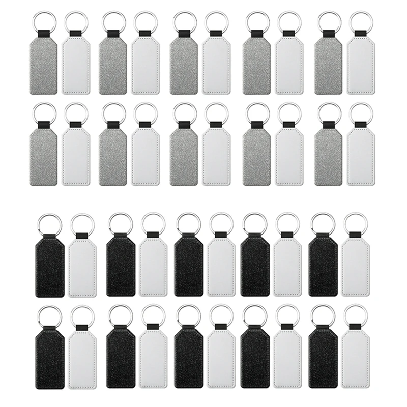 

20 Piece Sublimation Blanks Keychain Glitter PU Leather Keychain Heat Transfer Keyring Sublimation Blank Rectangle Silver