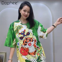 rhinestone tiger lion green tops 2022 summer new loose round neck pullover short sleeve t top european 3d printed t shirts
