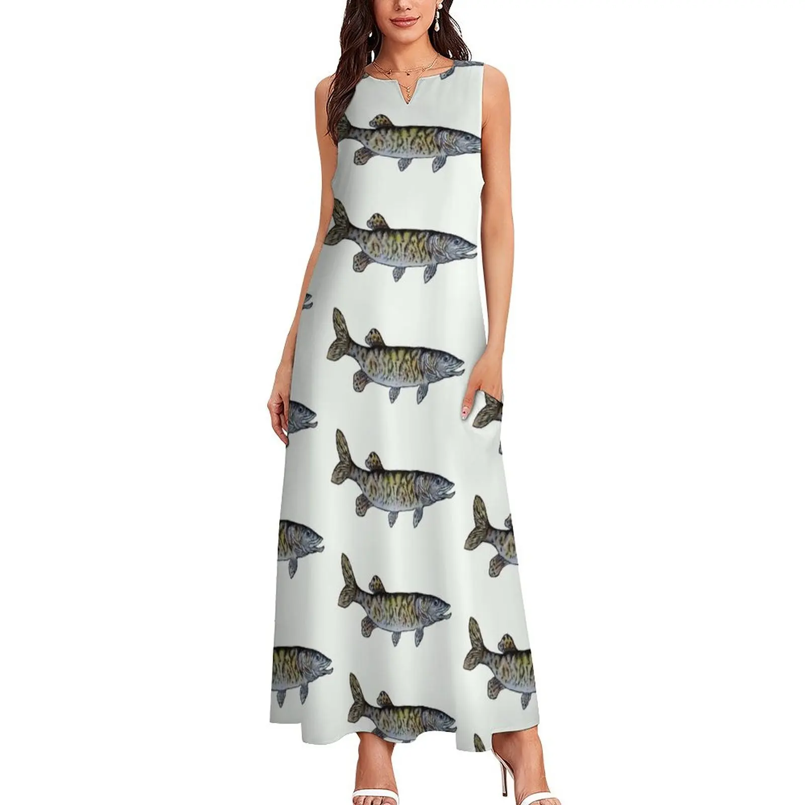Musky Fish Illustration Off White Long Dress платья для женщин вечерние женские