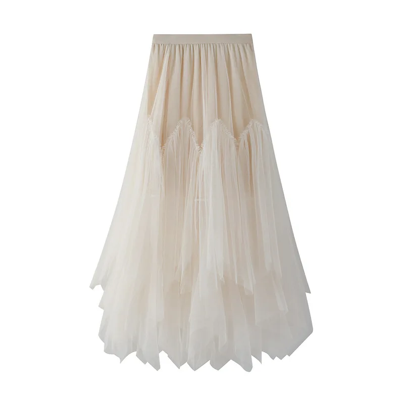 

90cm Maxi Tutu Tulle Skirt Women 2021 Summer Fashion Irregular Hem A Line High Waist Long Skirt Female With Lined Green