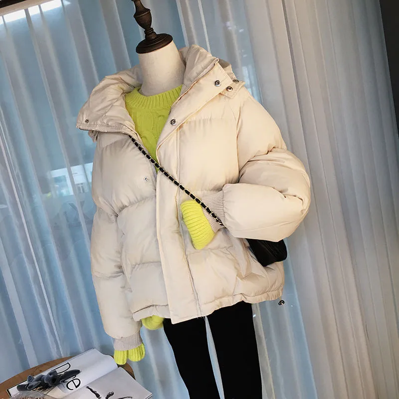 Winter Warm Bread Jacket Women's Streetwear Hooded Thick Parkas Korea Fashion Casual Baggy Coat Female Elegant Solid Zipper Coat