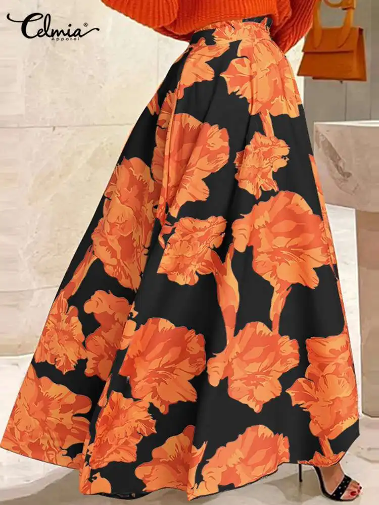 

Celmia Bohemian Long Skirts Women Elegant High Waist A Line Swing Skirt Fashion Floral Print Maxi Faldas Summer Holiday Jupes