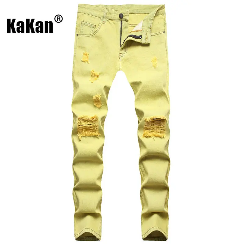 Kakan - New European and American Distressed Jeans for Men, Black and Yellow Khaki Hot Selling Straight Leg Casual Long JeansK44