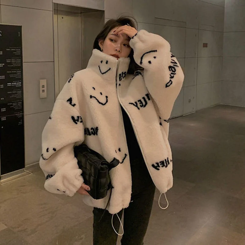 Oversized Faux Fur Woolen Warm Women Jacket Lamb Wool Winter Coat White Black 2021 Korean Chic Kawaii Parkas Stand Collar Coats