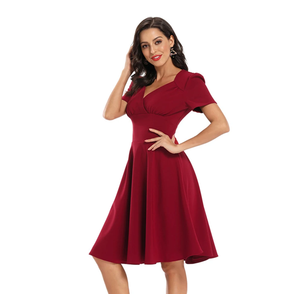 

Women's 2022 Spring New Waist V-neck Short-sleeved A-line Retro Dress