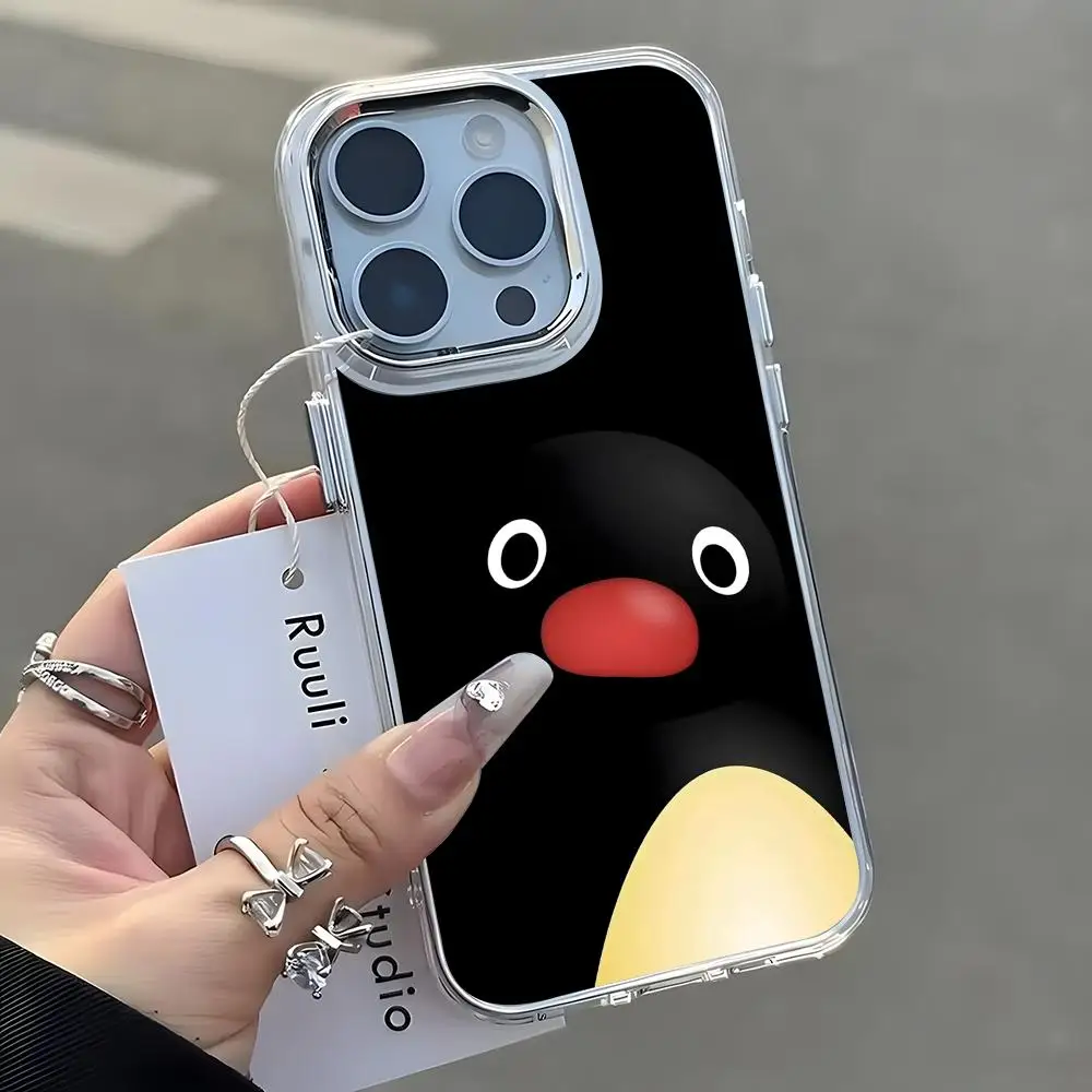 Фото Cute Ins style pingu Phone Case For iPhone17 16 15 14 13 12 11 Pro Max Plus Chrome Button Camera Ring Transparent Case №1