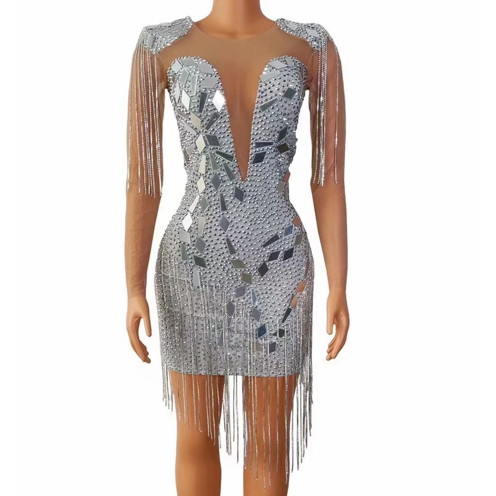 

Shining Silver Mirrors Rhinestones Chains Mesh Dress See Through Birthday Party Celebrate Fringes Costume Show Nightclub Outfit