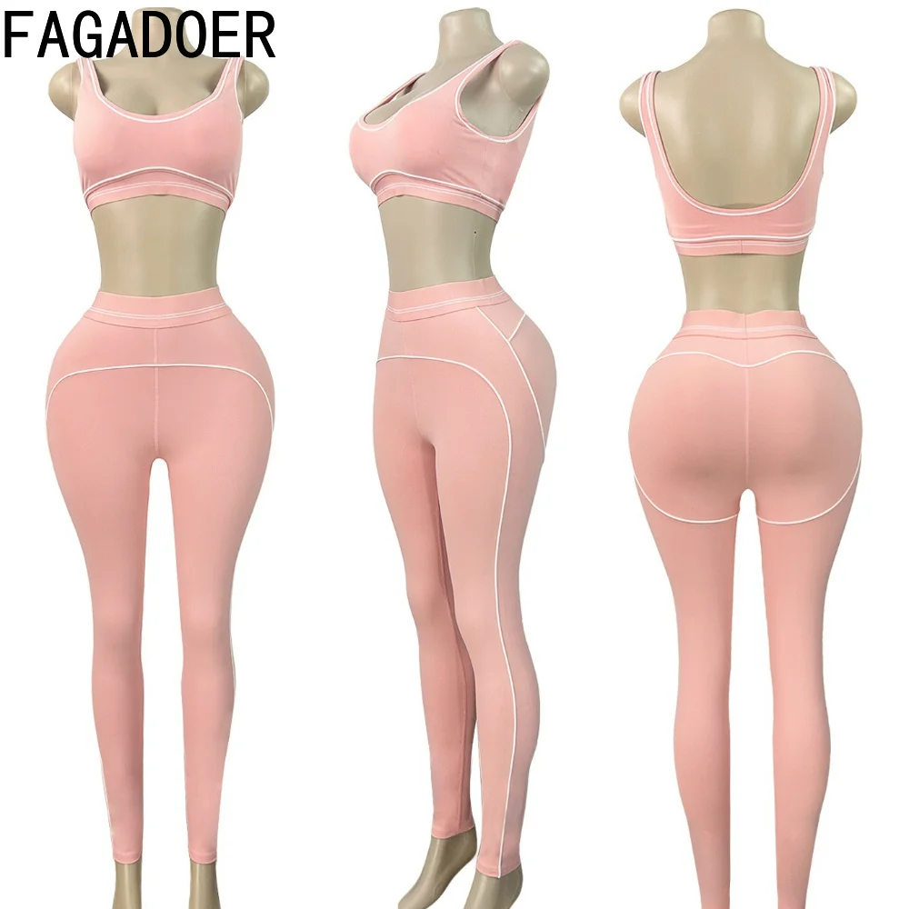 Фото Новинка! Модные спортивные комплекты FAGADOER: качественные лоскутные костюмы для женщин, облегающие наряды для йоги, повседневные фитнес-комплекты из двух предметов. №4