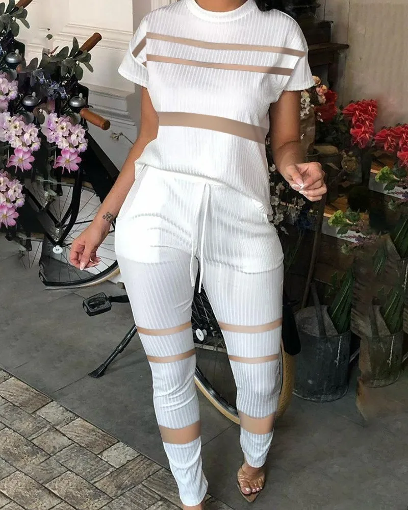 

Women Ribbed Contrast Mesh Top & Drawstring Pants Set Women Clothes Suit Short Sleeve T Shirt Top High Waist Pants Summer Daily