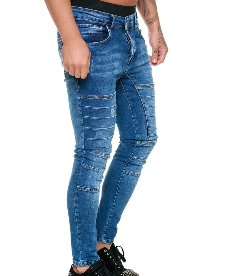 European American Mens Fashion Skinny Jeans Solid  Black Blue Hip-Hop High Street  Style Slim Fit Denim Casual Pencil Pants