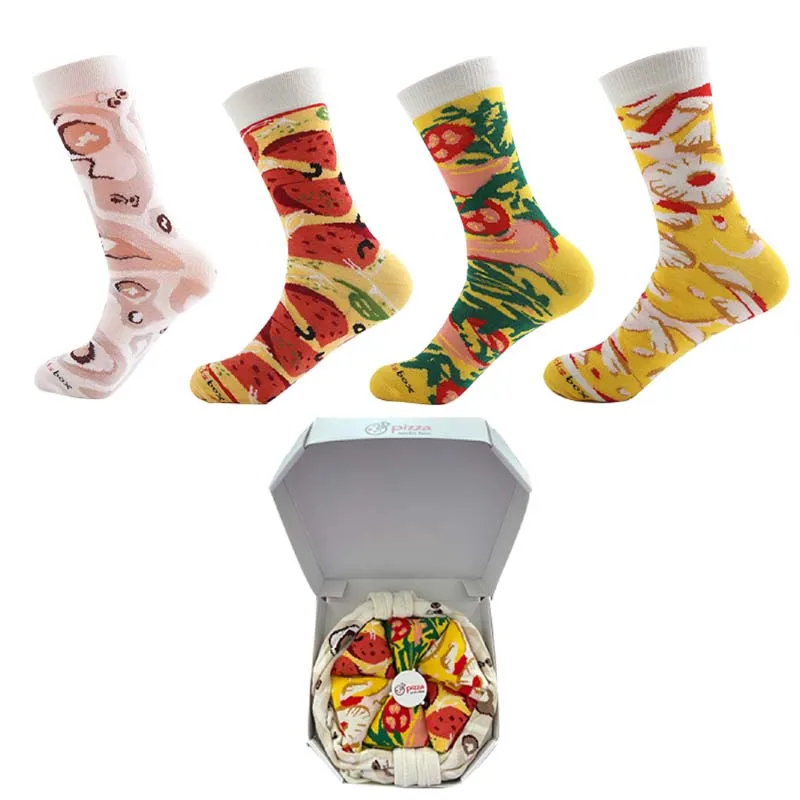 Qisin Personalized Design Pizza Socks Christmas Set Gift Box Socks Happy Harajuku Skate Cotton Sokken Happy Gift