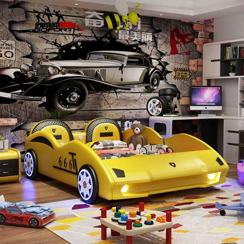 

Children's Bed Boy Car Cartoon Bed with Guardrail Bedroom Creative Single Bed Children Sports Car Leather Bed Personalized